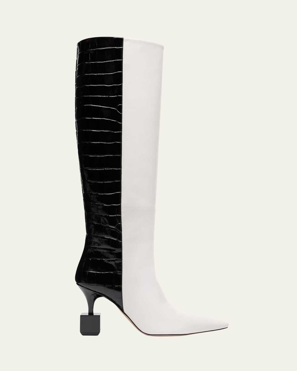 Mixed Leather Cube-Heel Knee Boots